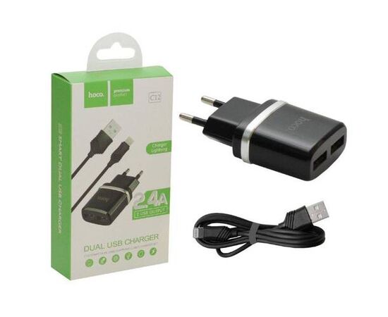 СЗУ Lightning на 2 USB 2.4A C12 HOCO черное - Сервис Плюс Рус